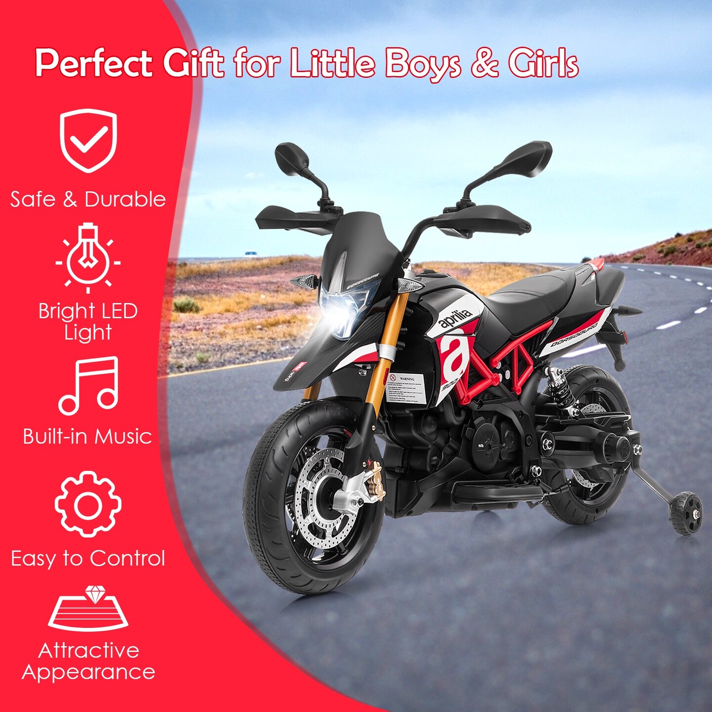 12V Kids Ride-On Motorcycle with Music Device and USB Port Perfect as Birthday or Christmas Gift