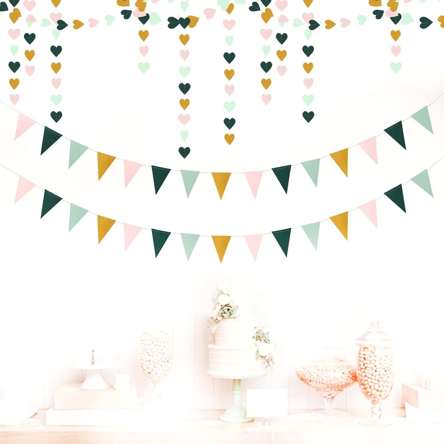 Sage-Green Mint Pink-Gold Love-Heart Garland - 52Ft Rustic Wedding Hanging Decoration Streamers Banner,Mothers Day Bachelorette Bridal Shower Engagement Party Bunting