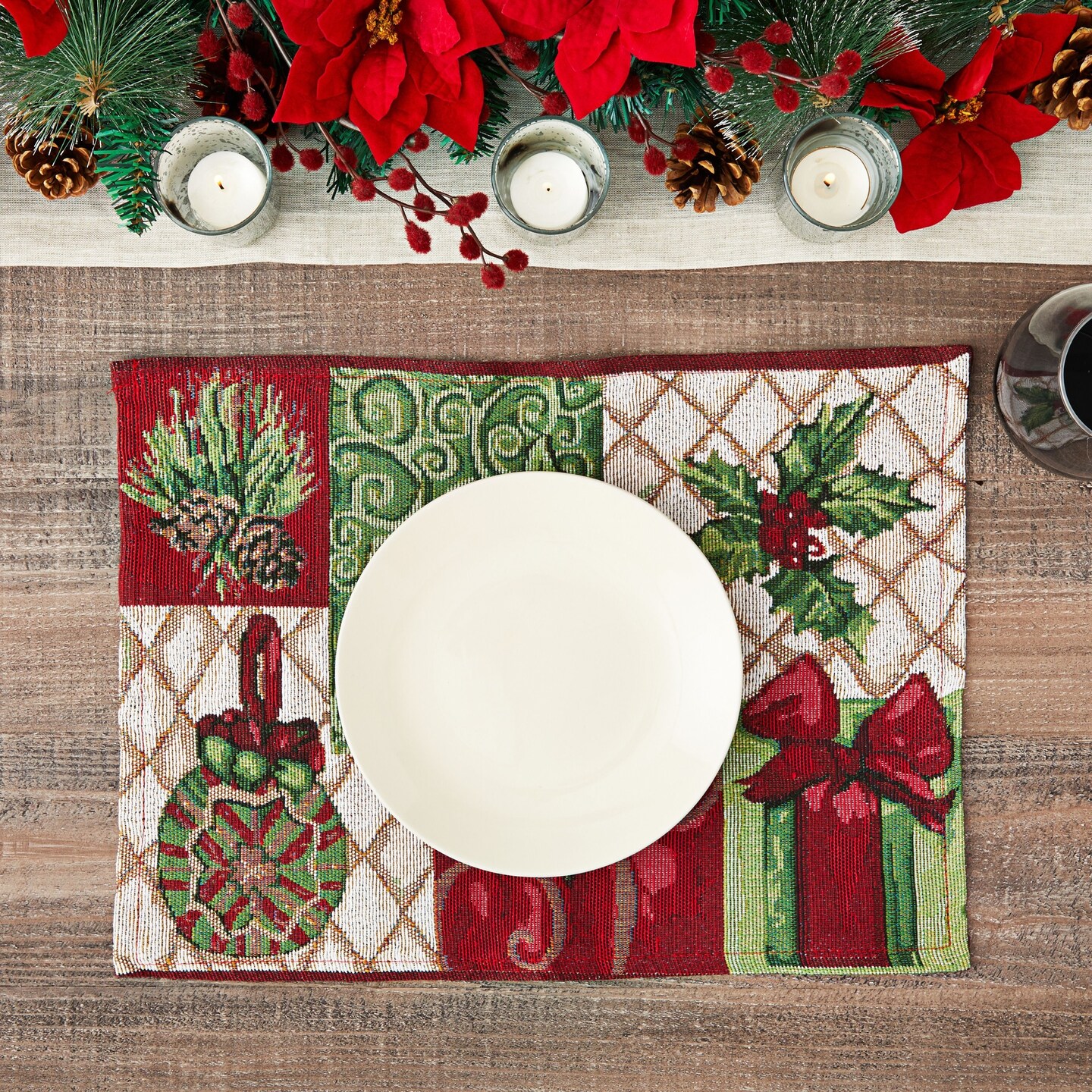Juvale Christmas Table Placemats Set of 6, 13.5 X 18.5 Inches, Poinsettia, Gift Box, Pinecone, Christmas Ornament Design, Made from Polyester Fabric, Cloth Placemats for Decorations and Dining