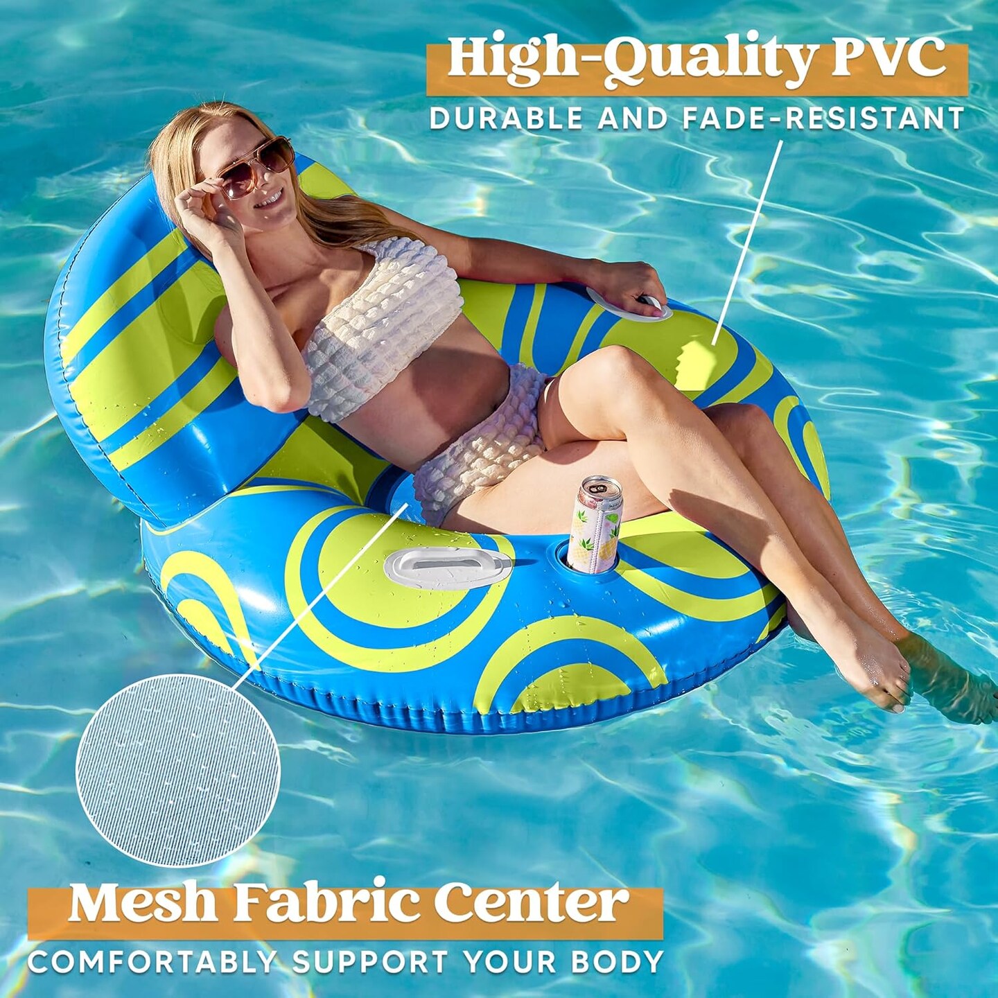 Inflatable Pool Float Lounger - River Tube Floating Chair Sofa with Big Backrest, Blow Up Floaties Lake Raft Lounge with Mesh Bottom Handle Cup Holder Pool Party Toys for Adults (Blue Yellow)