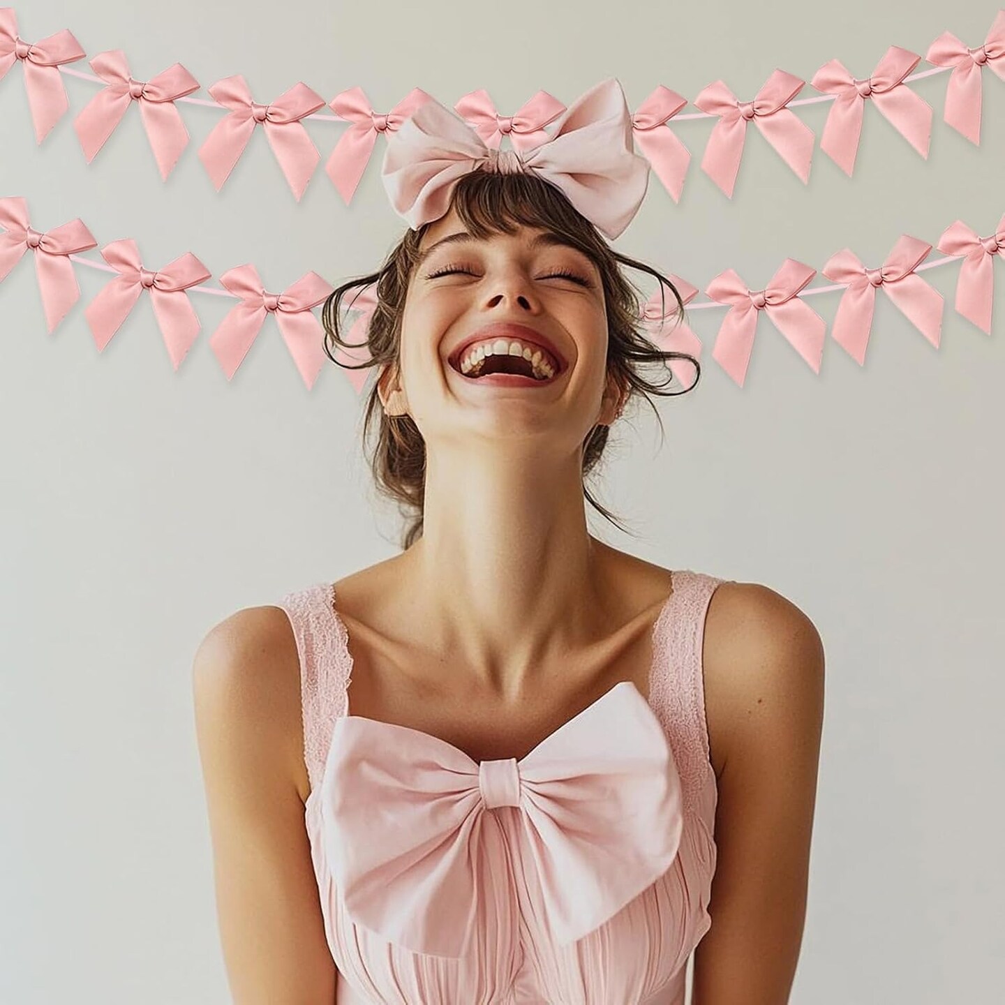 2-Pack Bow Garland Banner – Peach Pink Ribbon Bow Decorations for Baby Shower, Girls’ Birthday, and Coquette-Themed Parties