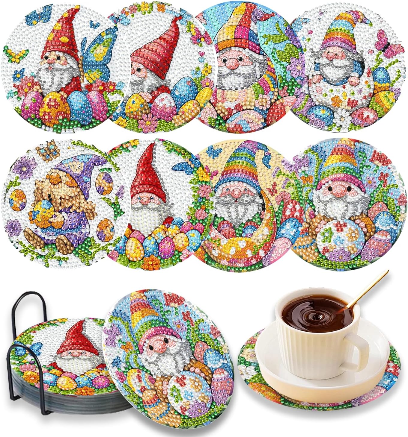 8 PCS Diamond Art Coasters Kit, Diamond Painting Coasters with Holder, Fall Diamond Art Kits for Adults Beginners, Arts and Crafts Supplies Party Item Sets The Easter Gnome