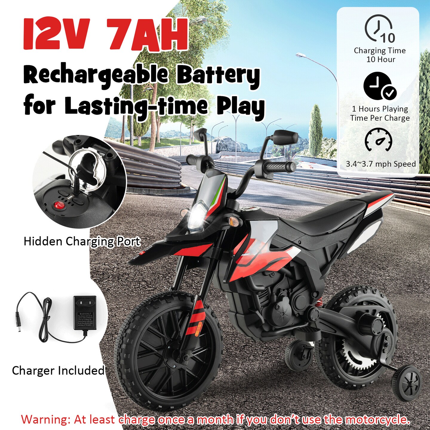 Metal 12V Kids Motorcycle with Dual Motors, Music and Training Wheels
