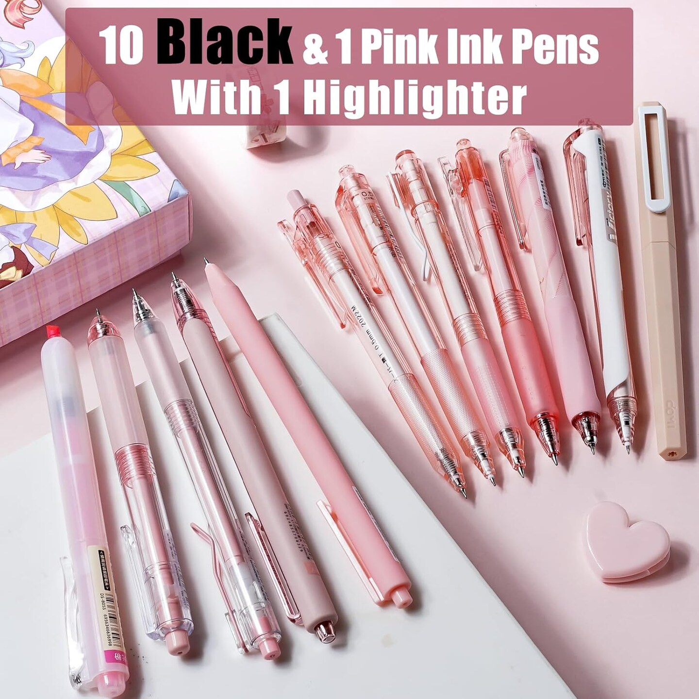 12Pack Pastel Gel Ink Pen Set, Cute Note Taking 0.5mm Fine Point Retractable 11 Pack Black Ink Pens with 1Pack Highlighter for Writing, School, Office (Pink)