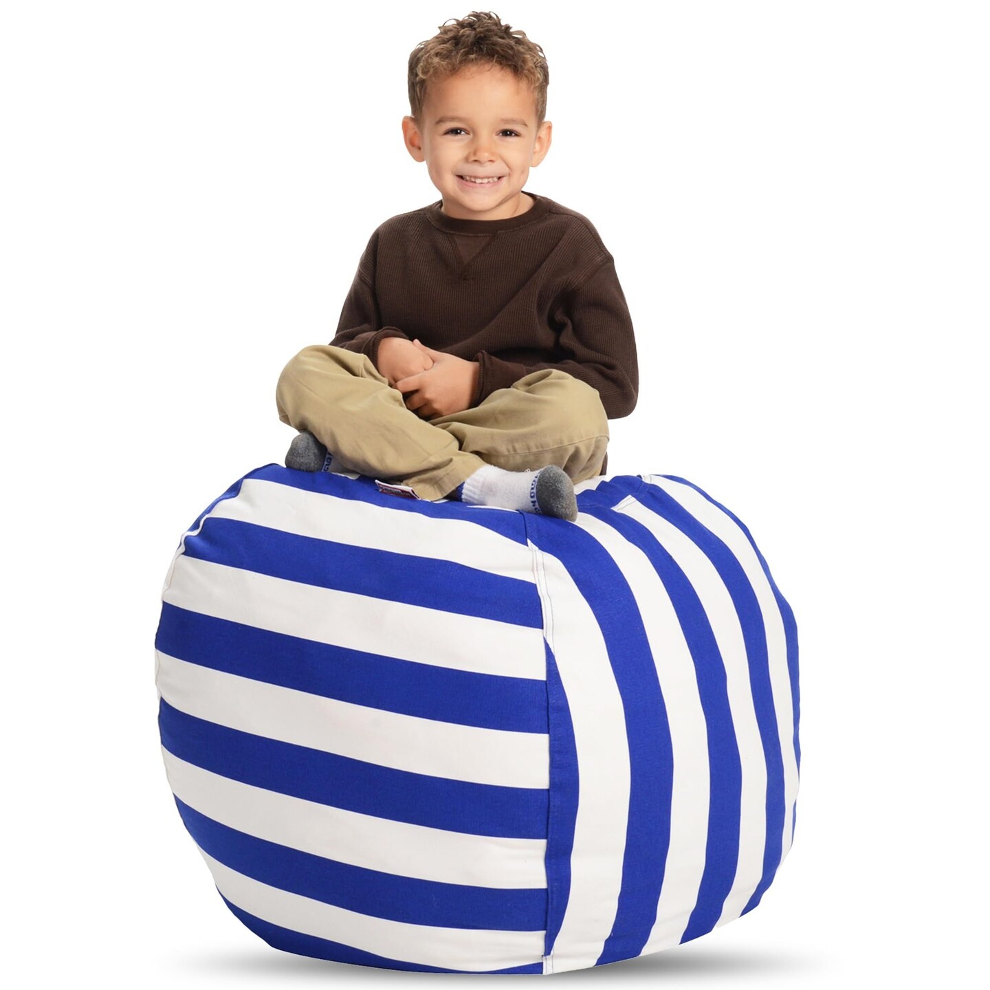 Creative QT Stuff ’n Sit Extra Large 38’’ Bean Bag Storage Cover for Stuffed Animals & Toys, Giant Beanbag Chair for Plush, Toddler & Kids Rooms Bedroom Organizer for Christmas, Blue/White Stripe