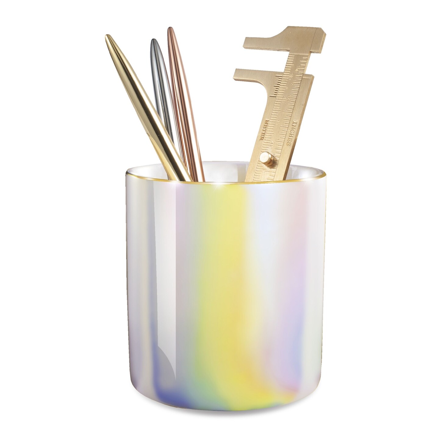 Zodaca Pen Holder, Ceramic Pencil Cup Desk Organizer Makeup Brushes Holder with Gold Accent, Shiny Pearl White