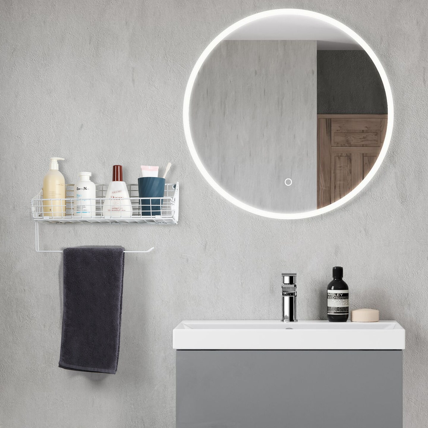2PCS White Multi-Functional Wall-Mounted Metal Basket Organizer with Foldable Paper Towel Holder – Space-Saving Storage Shelf for Kitchen, Bathroom, Bedroom & Hallway