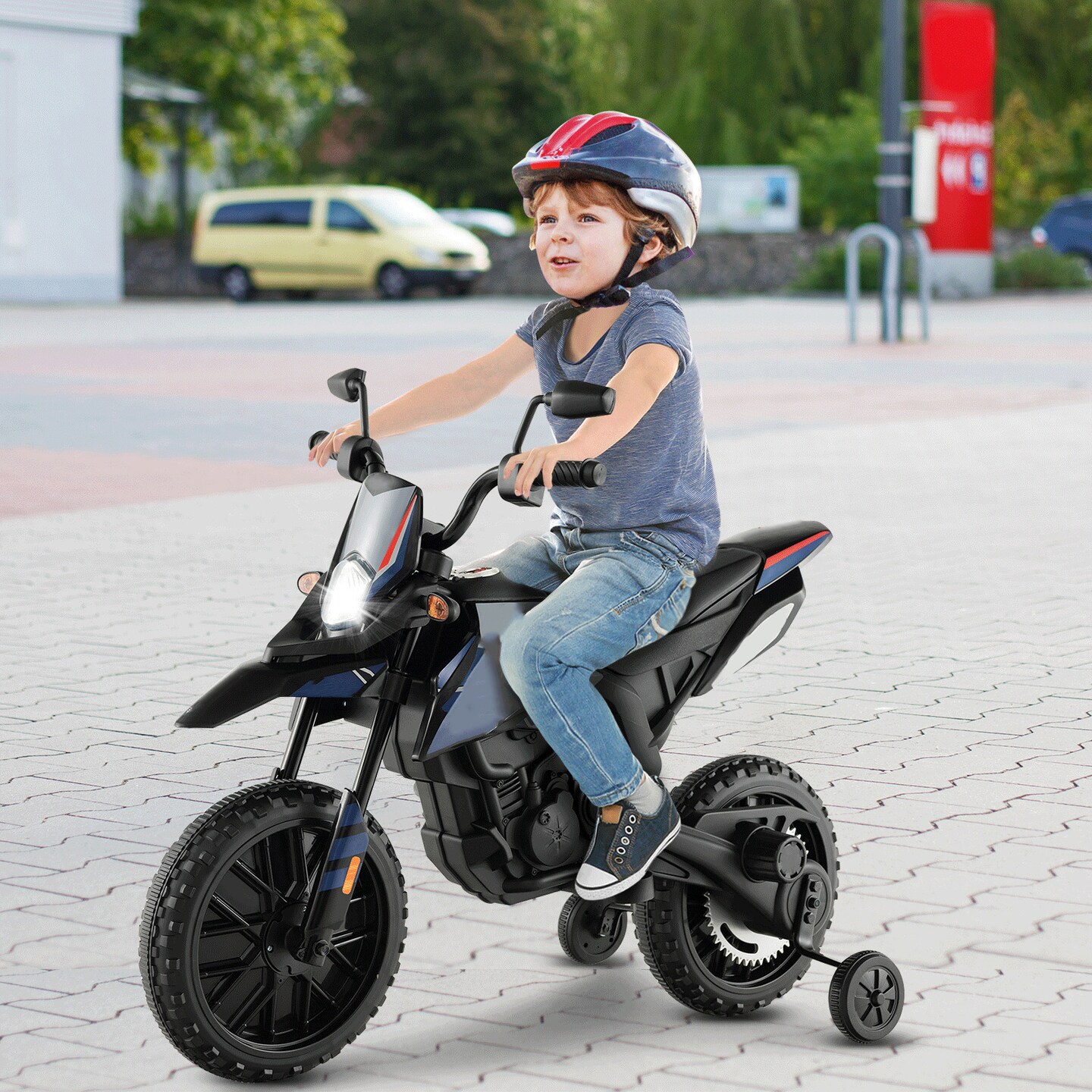 Metal 12V Kids Motorcycle with Dual Motors, Music and Training Wheels