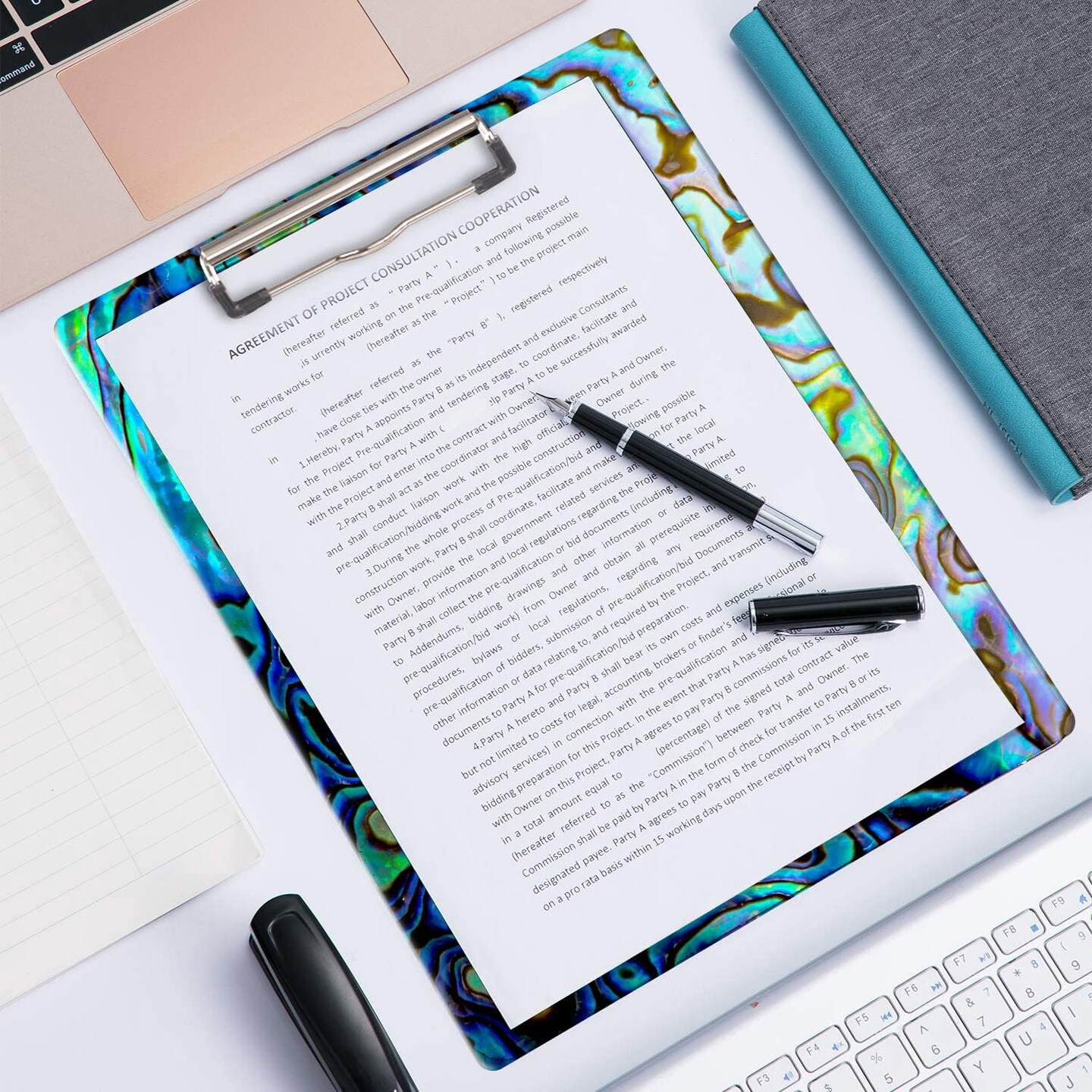 Clipboard Decorative Office School Hardboard Wood Nursing Clip Board and Pull for Standard A4 Letter Size Blue Rainbow Marble Colorful Abstract 12.6&#x22; X 8.9&#x22;