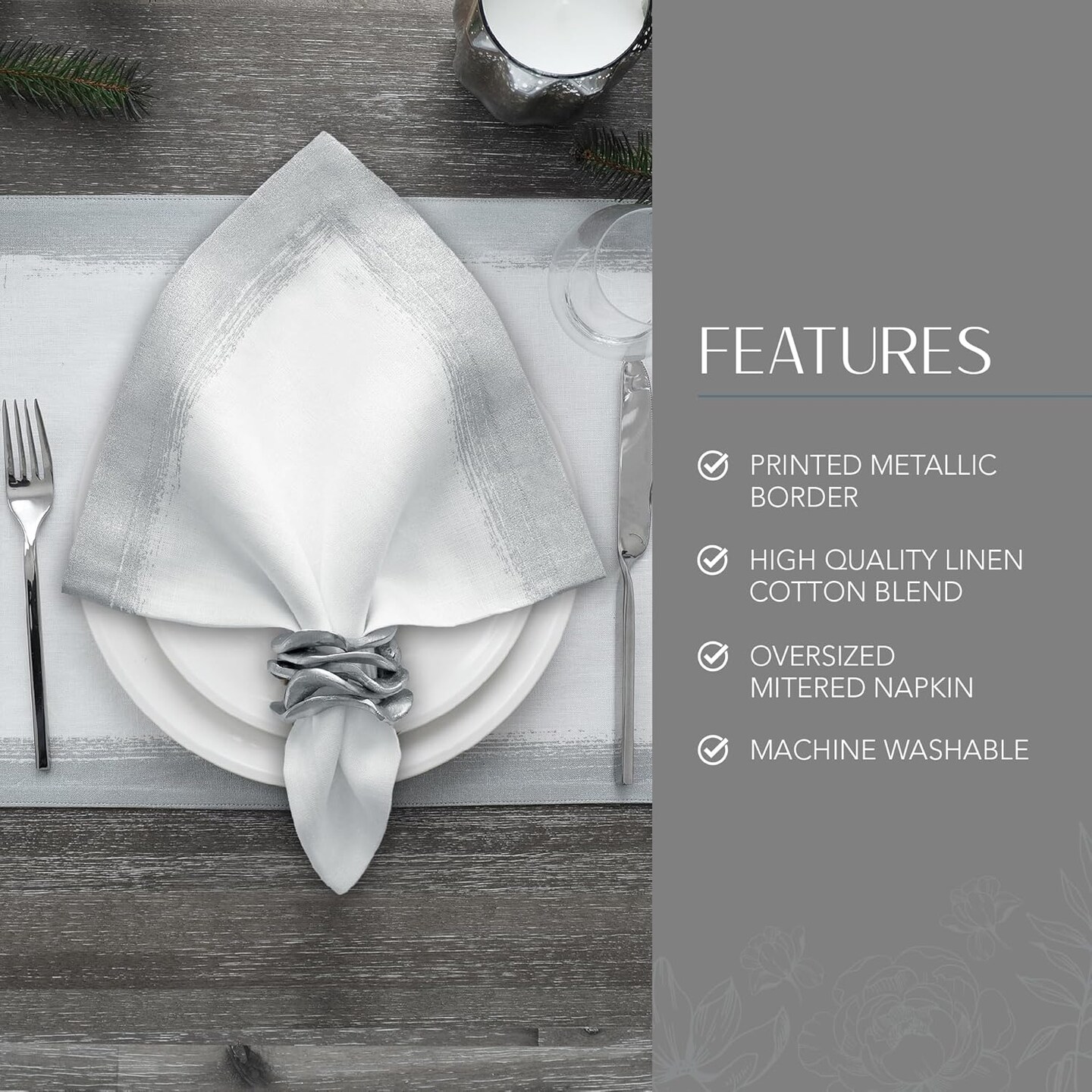 Linen Metallic Brushstroke Napkins, 21 Inches x 21 Inches, Set of 4, White and Silver