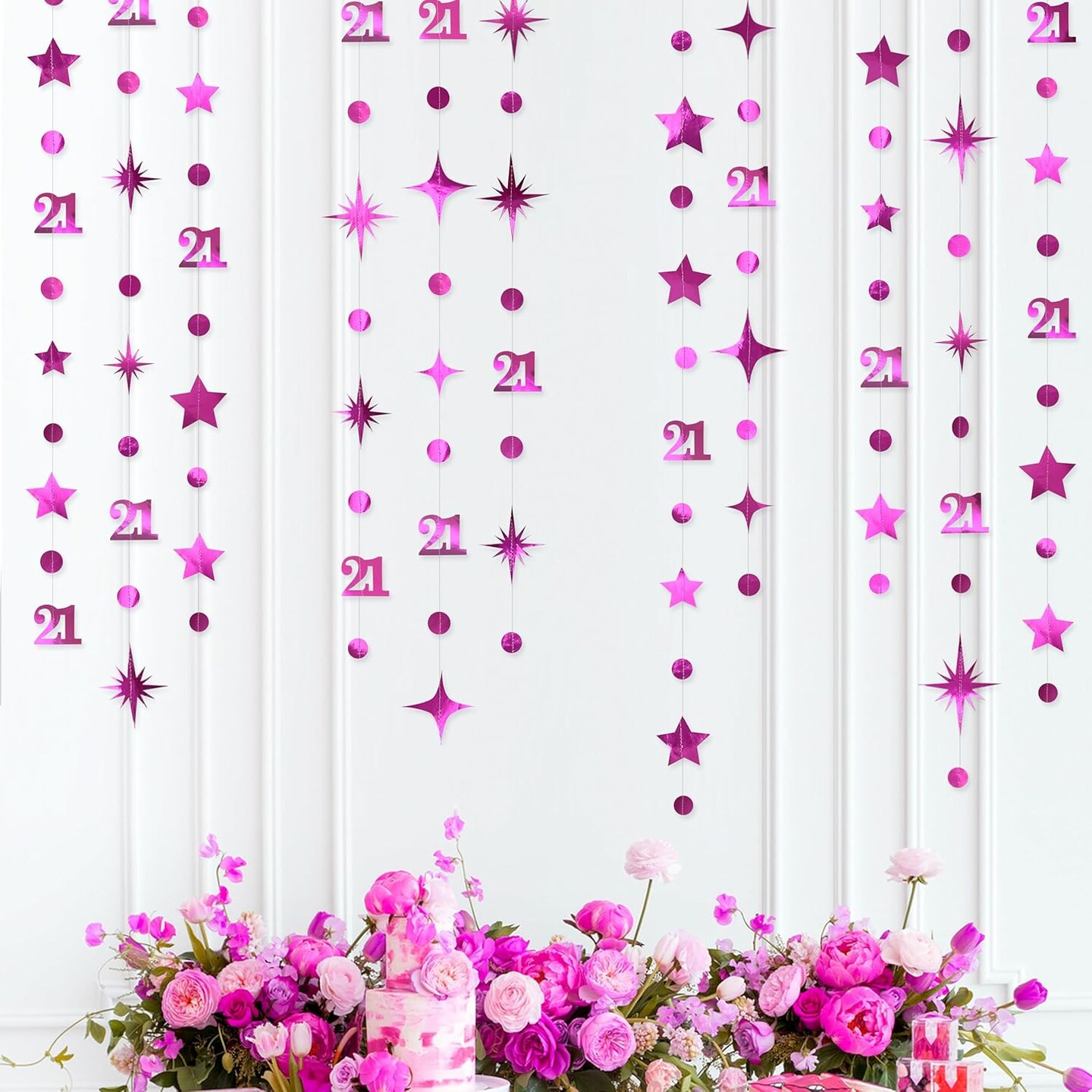 Hot Pink Number 21 Circle Dot Twinkle Star Garland Metallic Hanging Streamer Banner Backdrop Decorations for Girls Happy 21st Birthday Hot Girl Finally Legal Bday 21st Anniversary Party Supplies