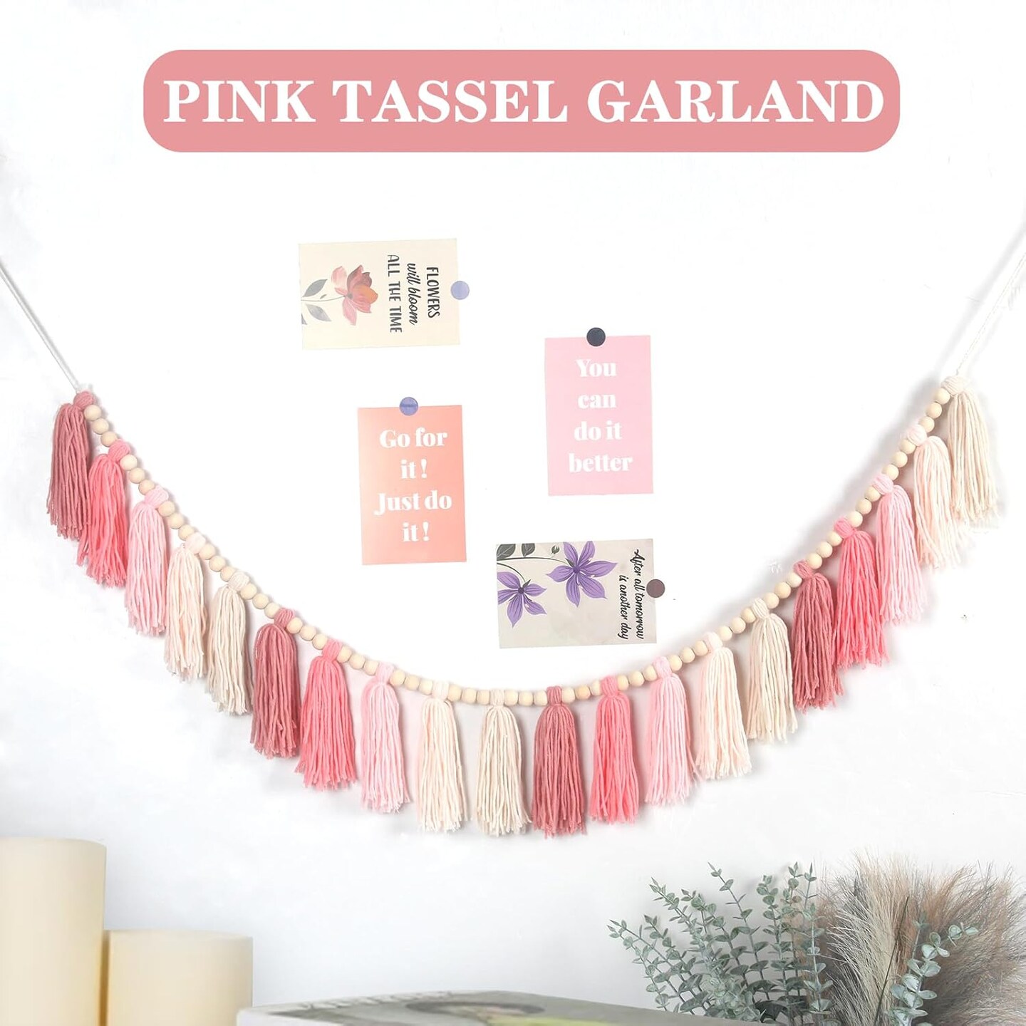 Pink Yarn Tassel Garland Boho Preppy Wall Hanging Decor Bunting Banner Tassels with Wood Bead for Nursery Classroom Office Birthday Party Baby Shower Kids Girls Dorm Bedroom Decorations