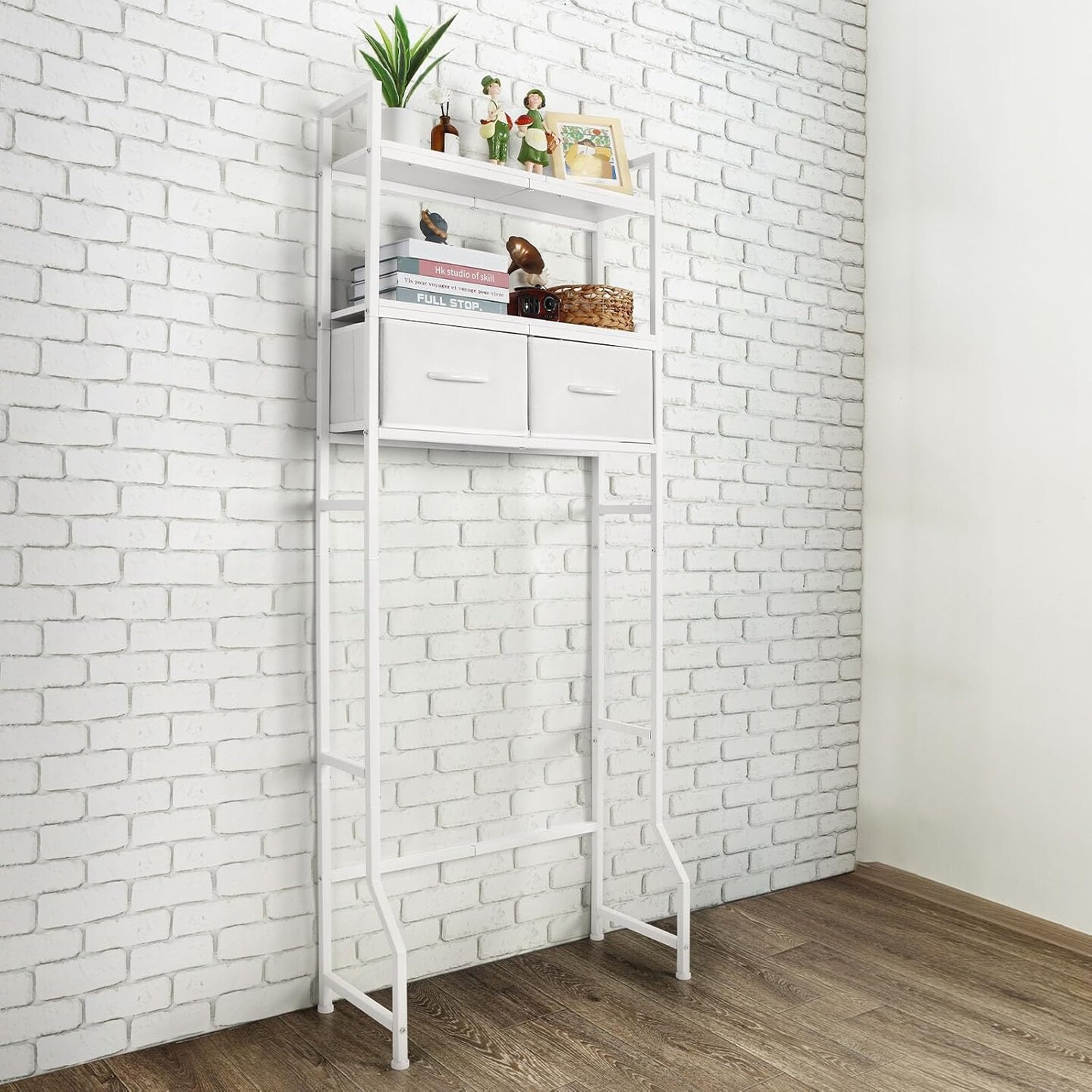 3-Tier Over-The-Toilet Storage Cabinet with Fabric Drawers &#x2013; Freestanding Bathroom Organizer with 4 Hooks &#x26; Toilet Paper Holder, White Space-Saving Shelf