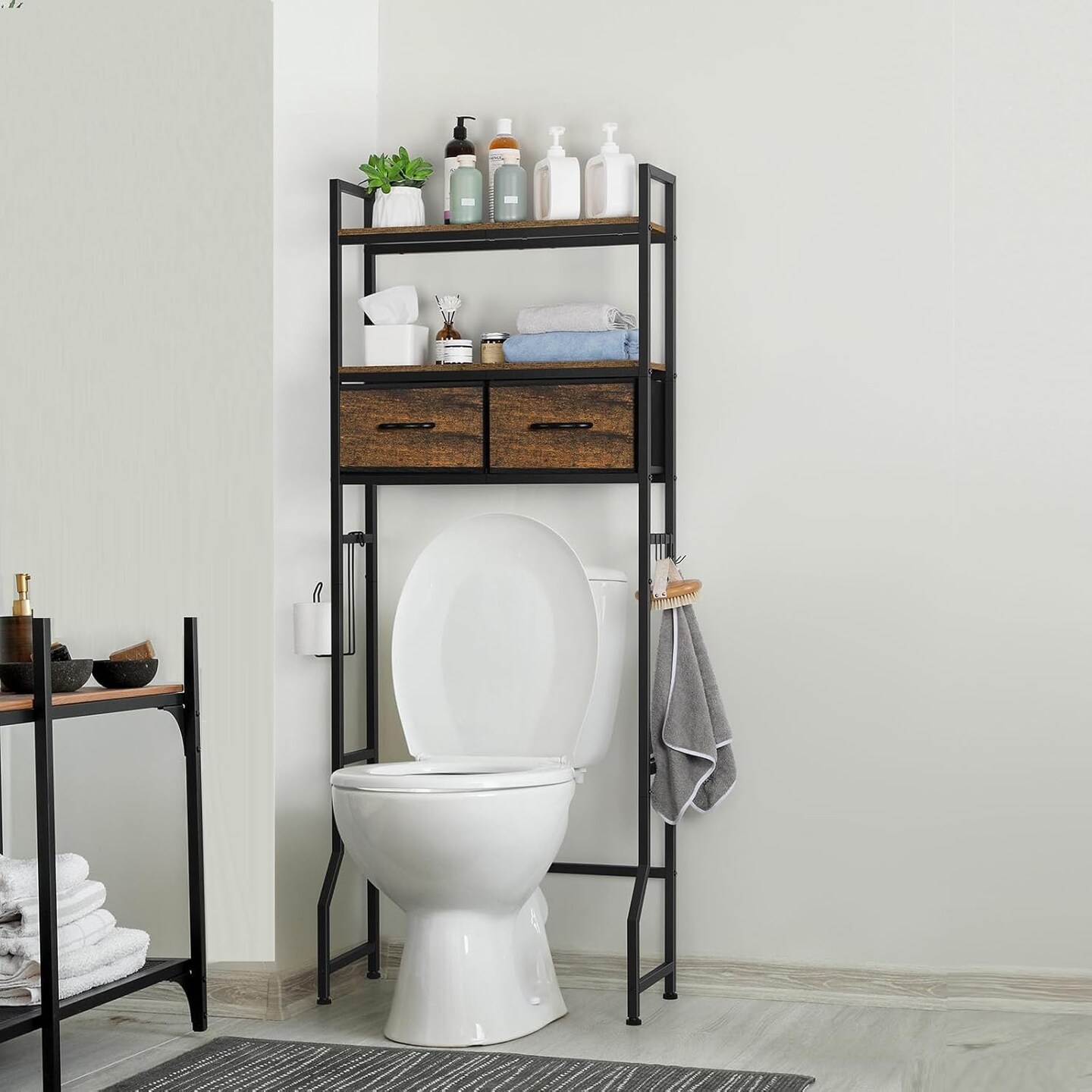 Rustic Brown Over-The-Toilet Storage Cabinet with Fabric Drawers &#x2013; Bathroom Organizer with Toilet Paper Holder, Hooks &#x26; Adjustable Shelves for Laundry, Bedroom, or Kitchen