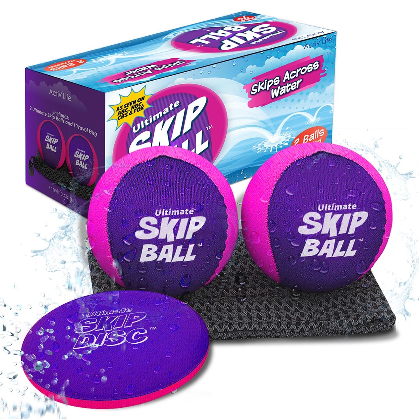 Activ Life The Ultimate Water Skip Ball (2 Pack), Water Bouncing Toys, Fun Games at Beach, Lake, Swimming Pool, Easter Basket Stuffer Gifts for All Ages Kids & Family, Pink/Purple with Skip Disc