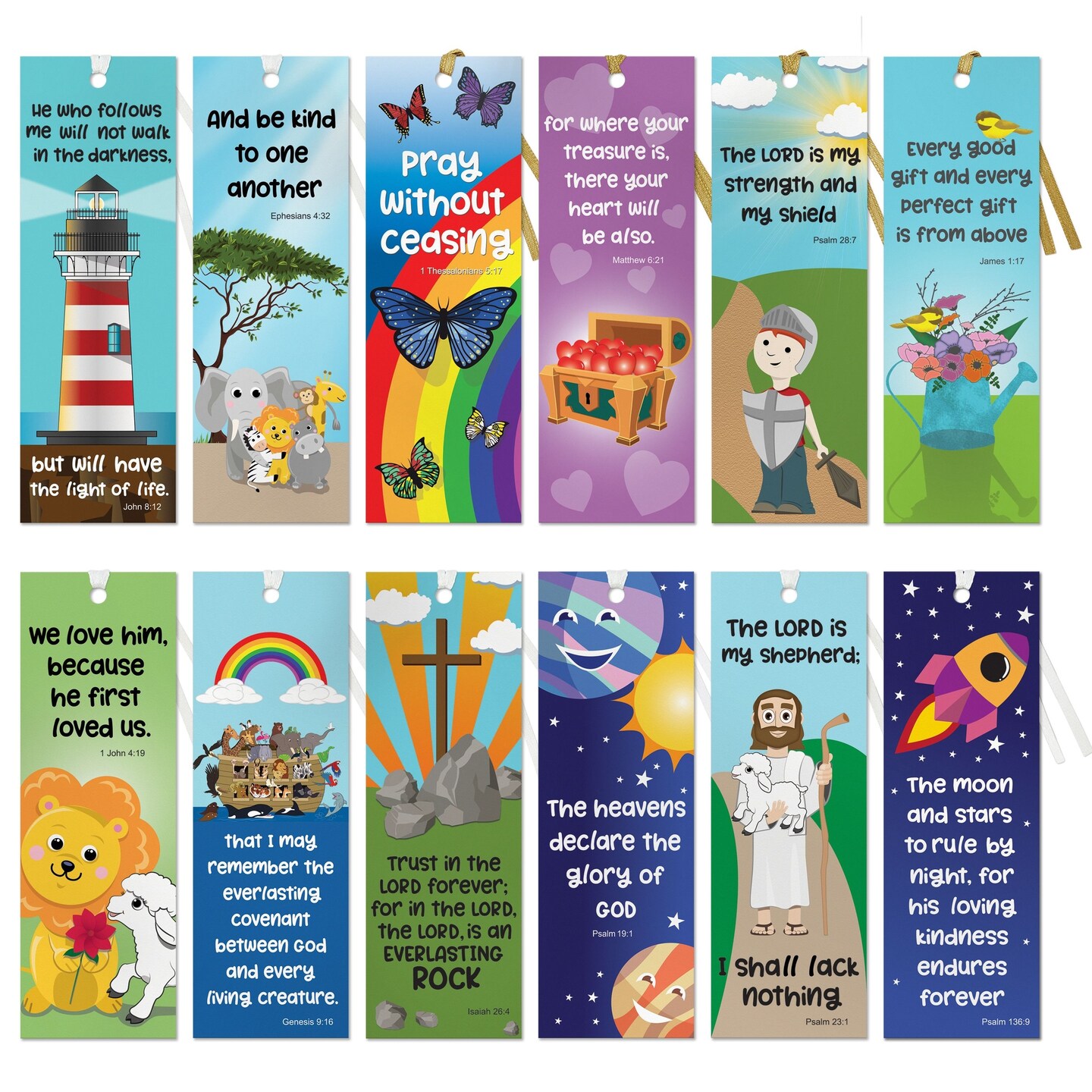 72 Pack Christian Bookmarks Bulk, Religious Scripture, 12 Bible Verse Quotes for Kids (6 x 2 In)
