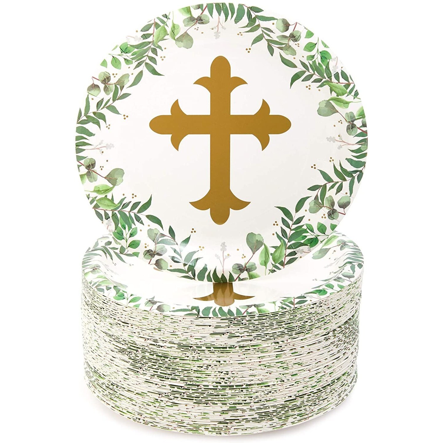 80 Pack Religious Cross Baptism Paper Plates - 7 Inch Disposable Paper Plate for Baby Christening, Baptism, Easter Party Decorations