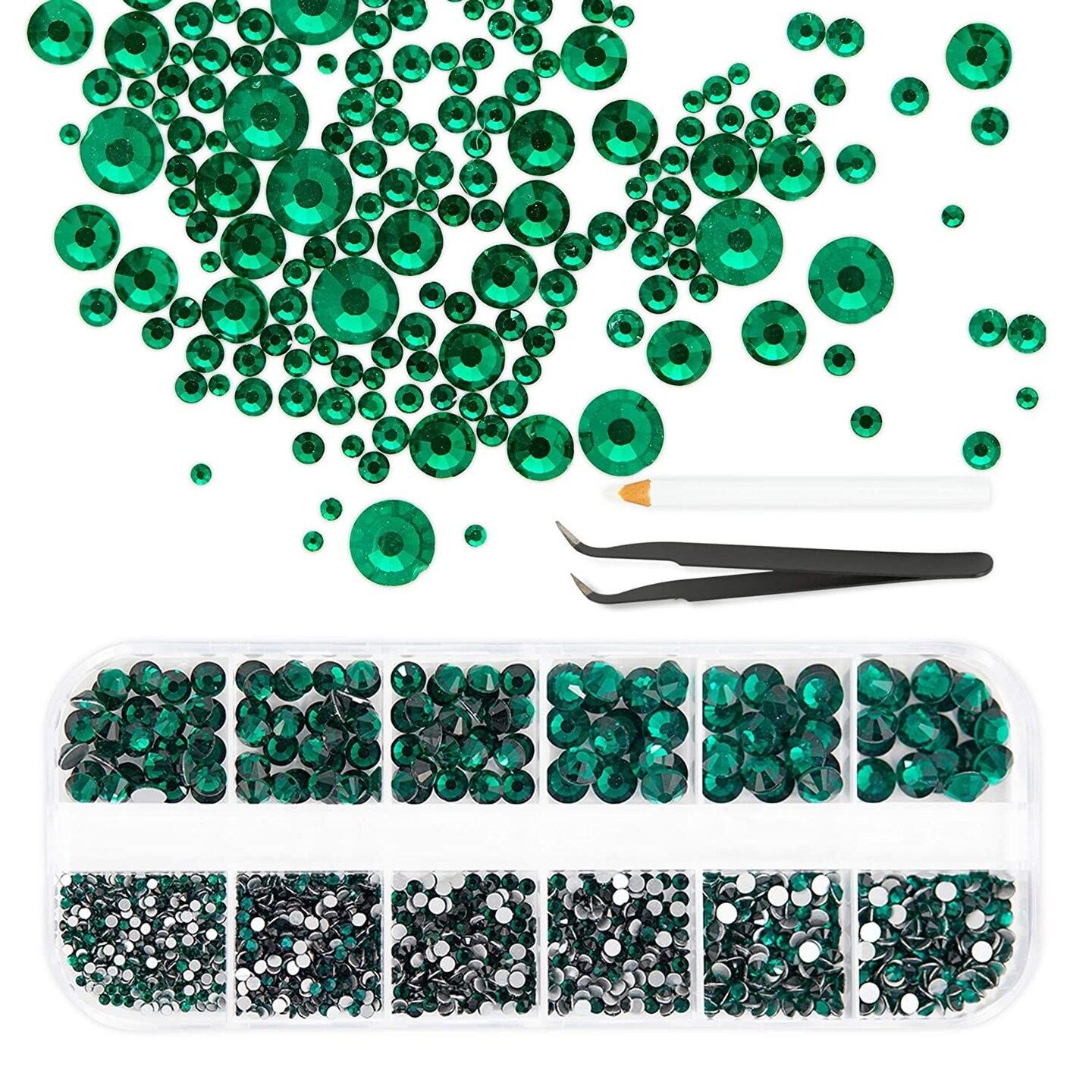 Acrylic Nail Art Kit with Green Rhinestone Gems, Dotting Pen, Tweezers (2880 Pieces)