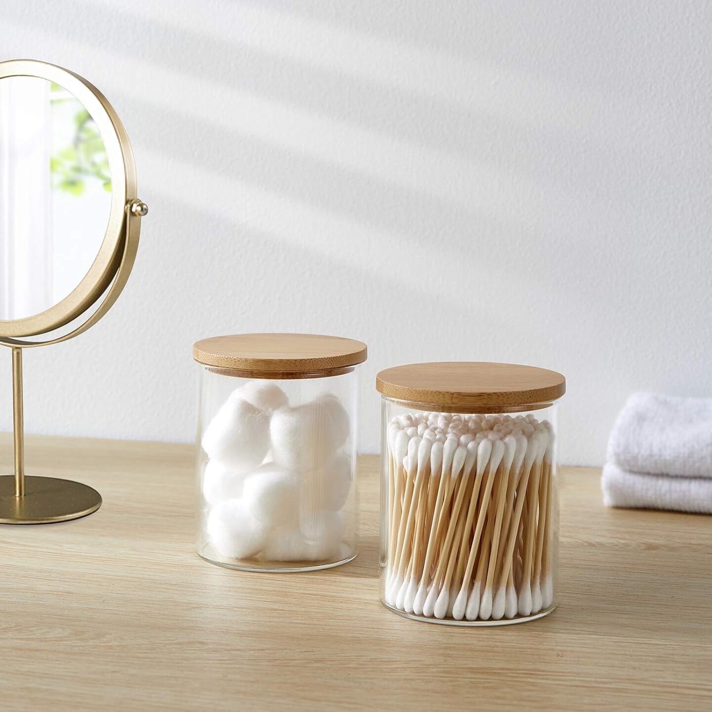 6 Pack Glass Qtip Holder, Apothecary Jars with Lids Bamboo, Bathroom Organizers and Storage for Cotton Ball Round Swab Pad Floss Picks, Bathroom Decor for Vanity Accessories