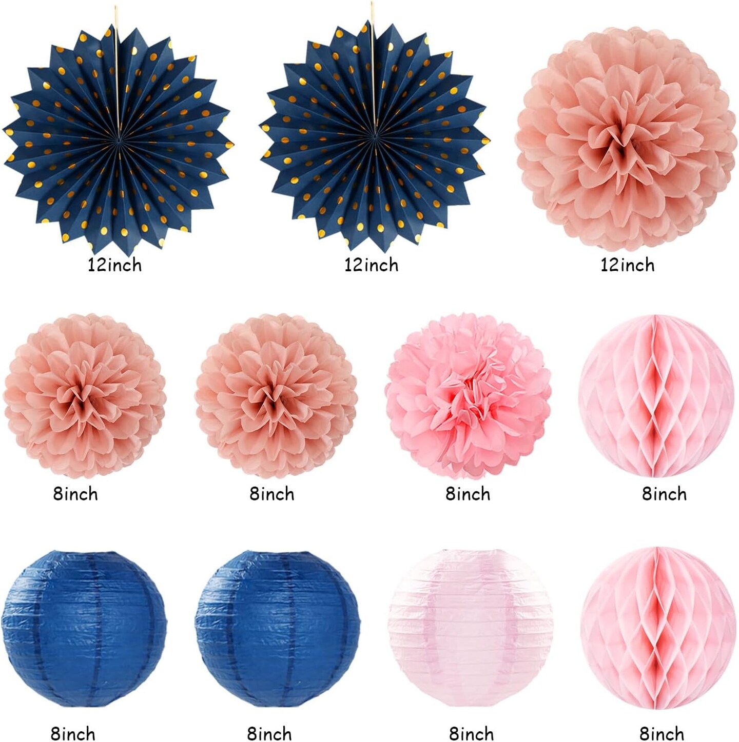 21-Piece Pink, Rose Gold & Navy Birthday Party Decoration Kit – Banner, Lanterns & Pom-Poms