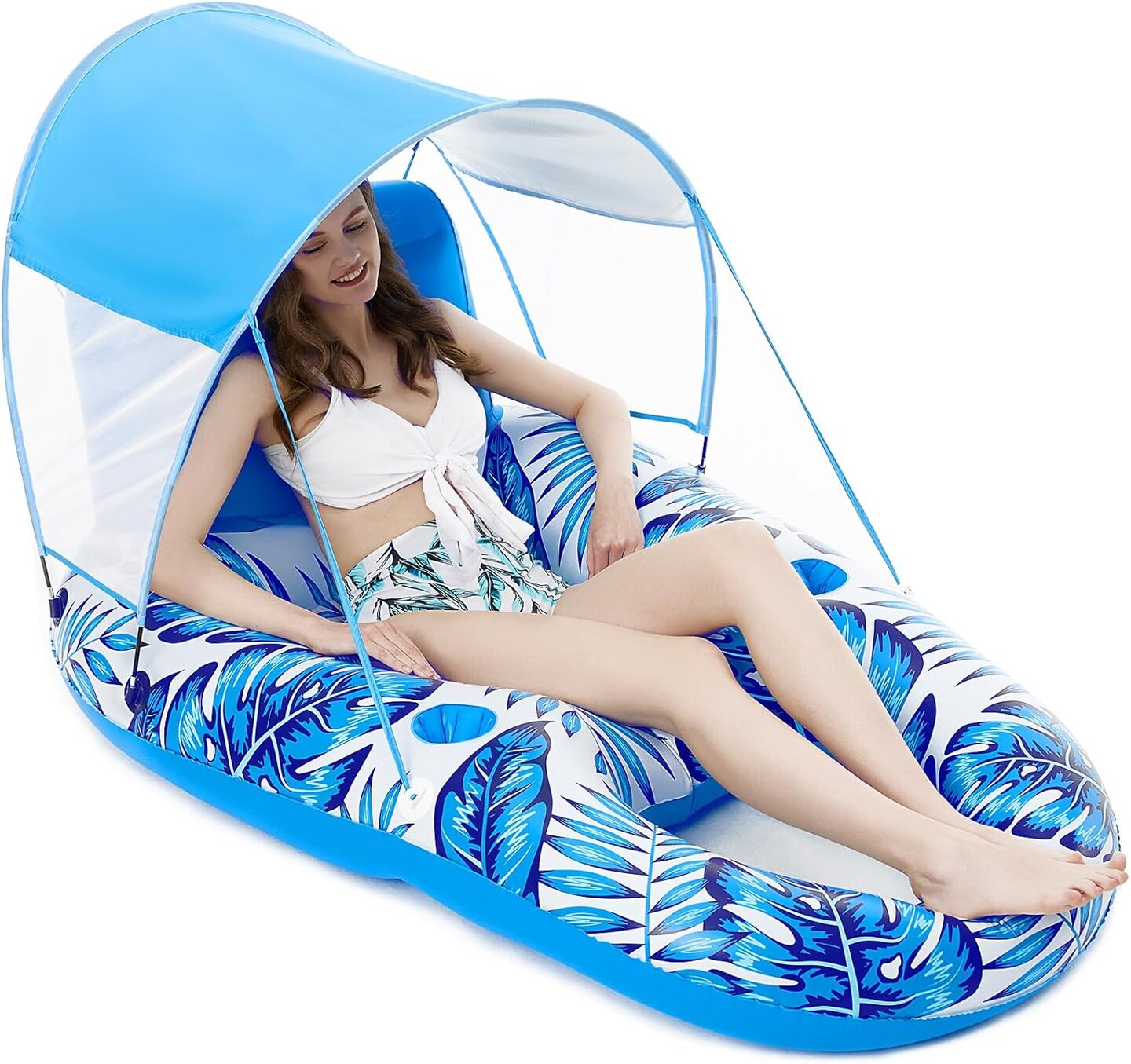 Pool Floats with Canopy - Inflatable Pool Float Adult Lounger Floaties Raft Floating Chair for Swimming Pool Lake Water Lounge Float with Cup Holders Beach Pool Party Toys for Adults