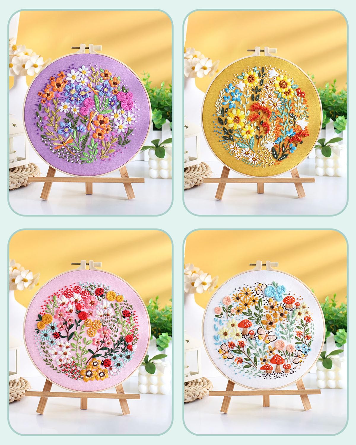 4 Sets Embroidery Kit for Beginners,Hummingbird and Flower Cross Stitch Set for Include Embroidery Cloth Hoops Threads for Craft Lover Hand Stitch (Flower)