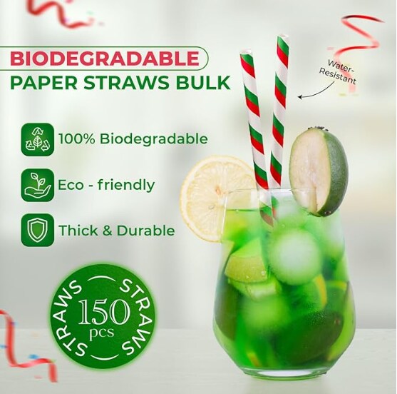 Pepermint Red, Green and White Striped Foil Paper Christmas Straws,