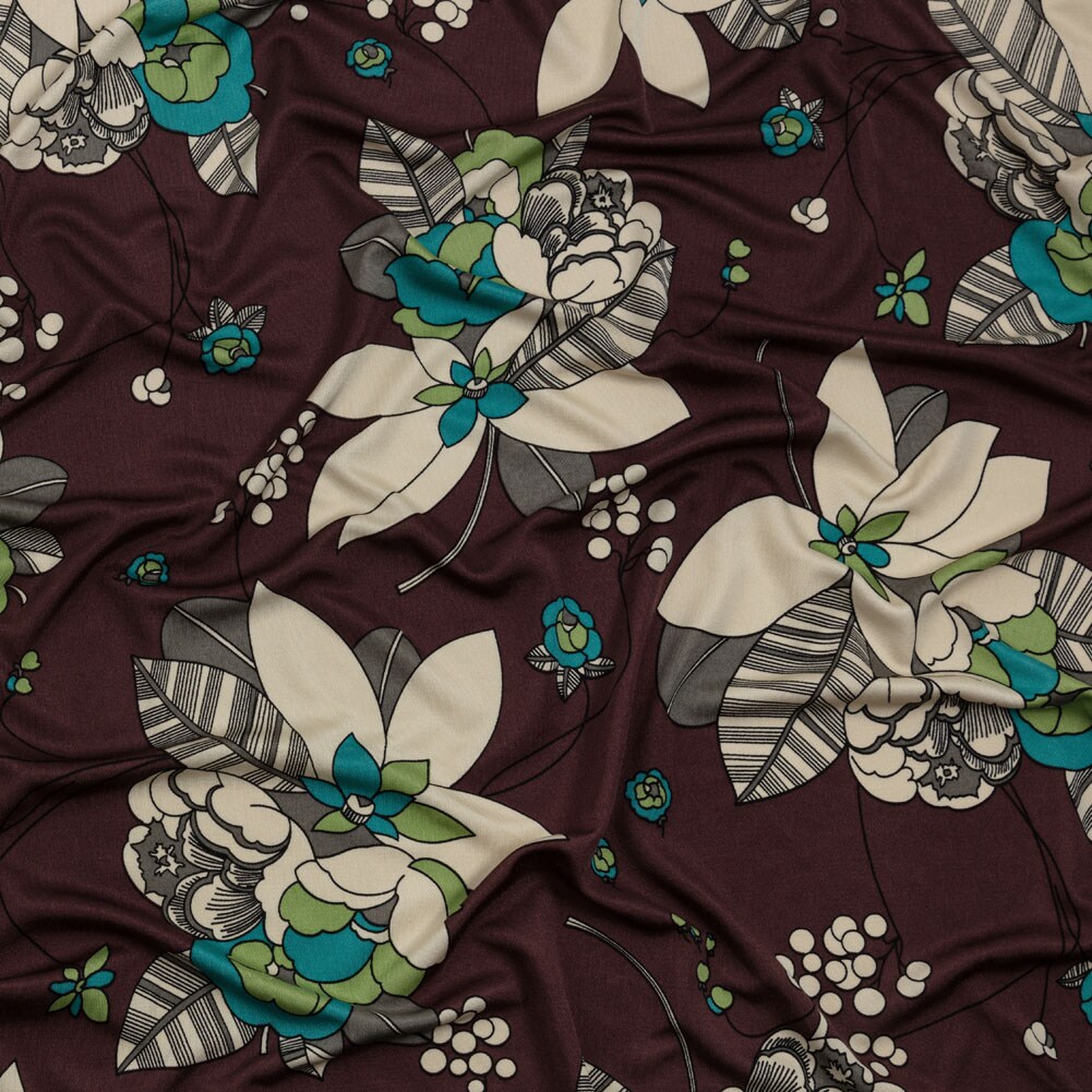 1 Yard Chocolate, Teal and Cream Floral Silk Jersey 44" Wide, Sheer Floral  Fabric for Dresses, Tops, Skirts | Michaels