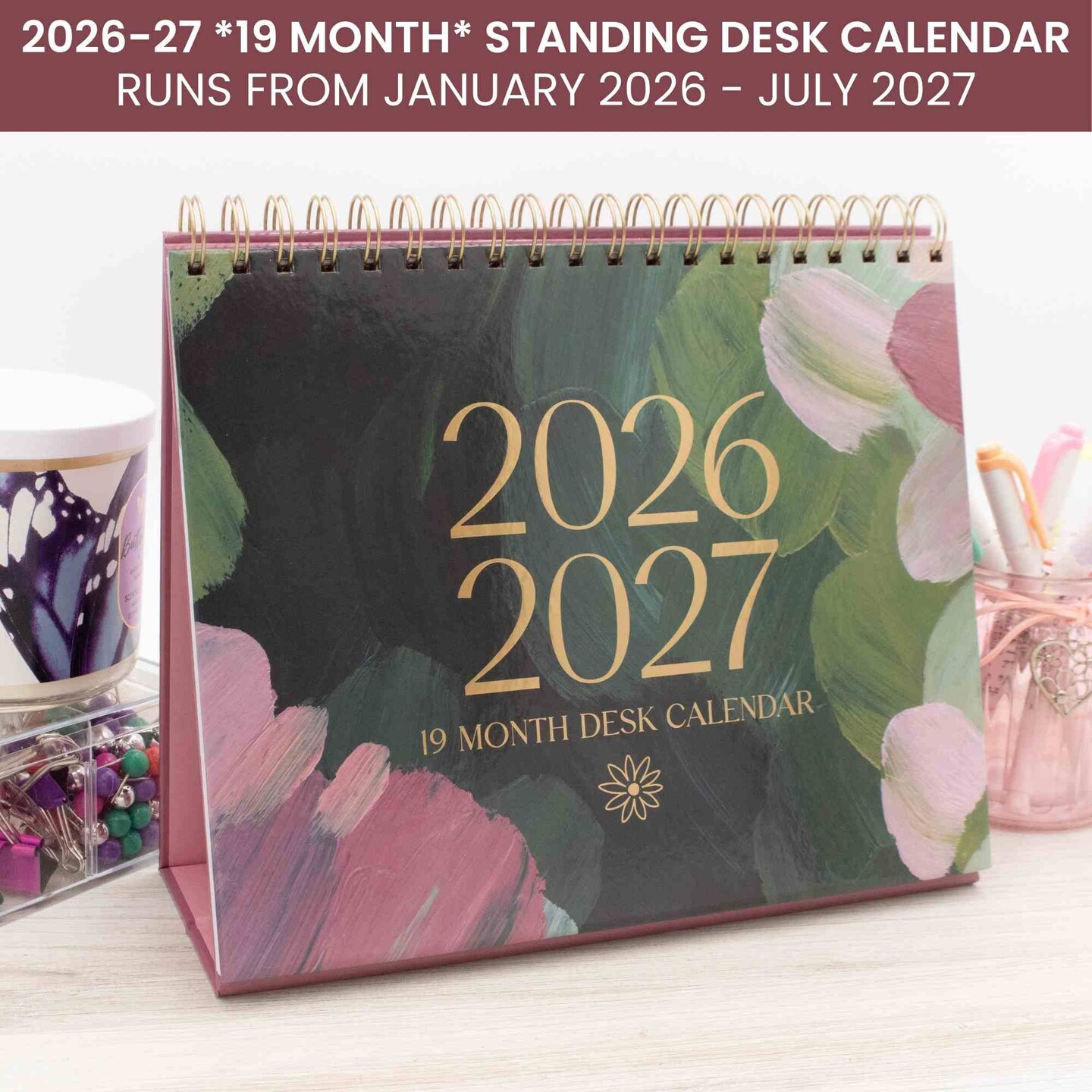 bloom daily planner 2026-2027 19 Month Standing Flip Desk Calendar, 8" x 10", Paint Strokes