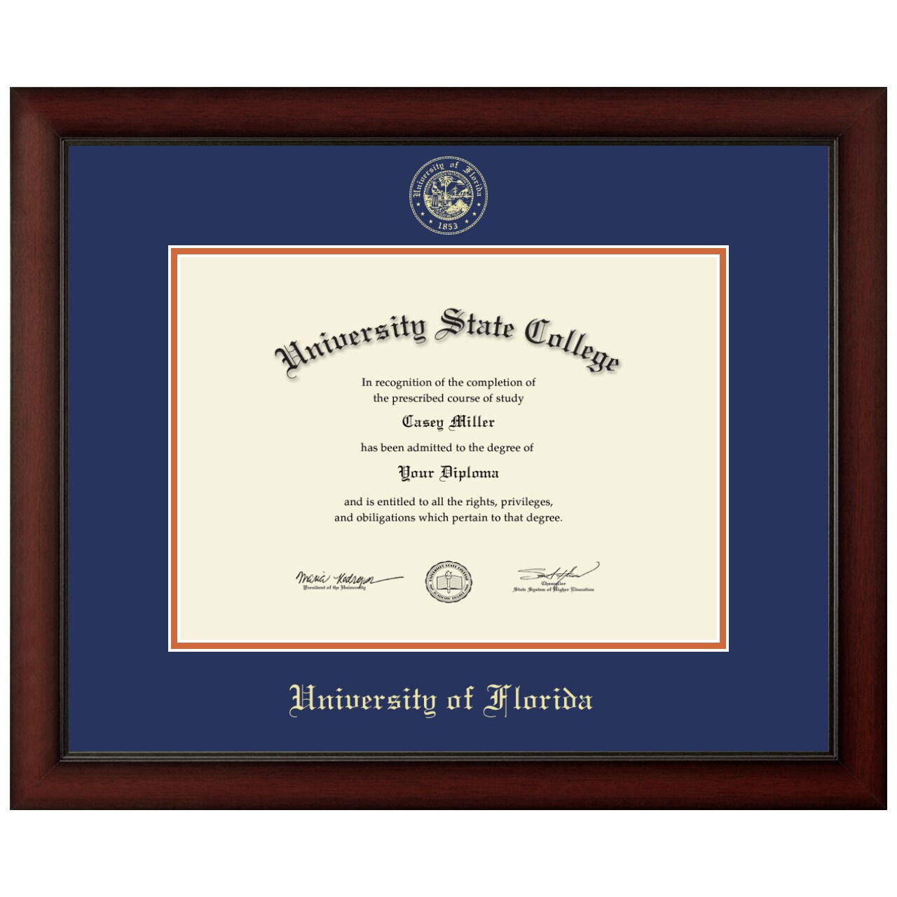 Framerly - University of Florida 16"w x 11.5"h Diploma Frame - Fits a bachelor's, master's and phd - Gold Embossed Diploma Frame - Cherry Moulding with Royal Blue and Bright Orange Matting