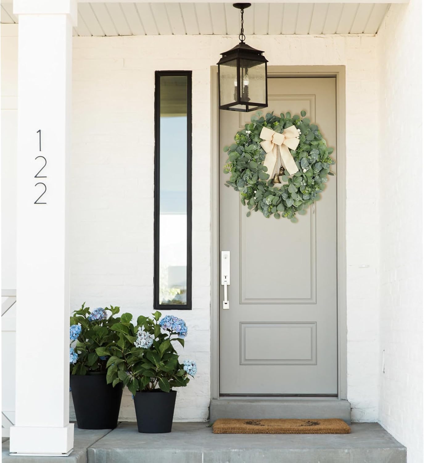 Large Eucalyptus Wreath with Burlap Bow and Metal Bells for Front Door