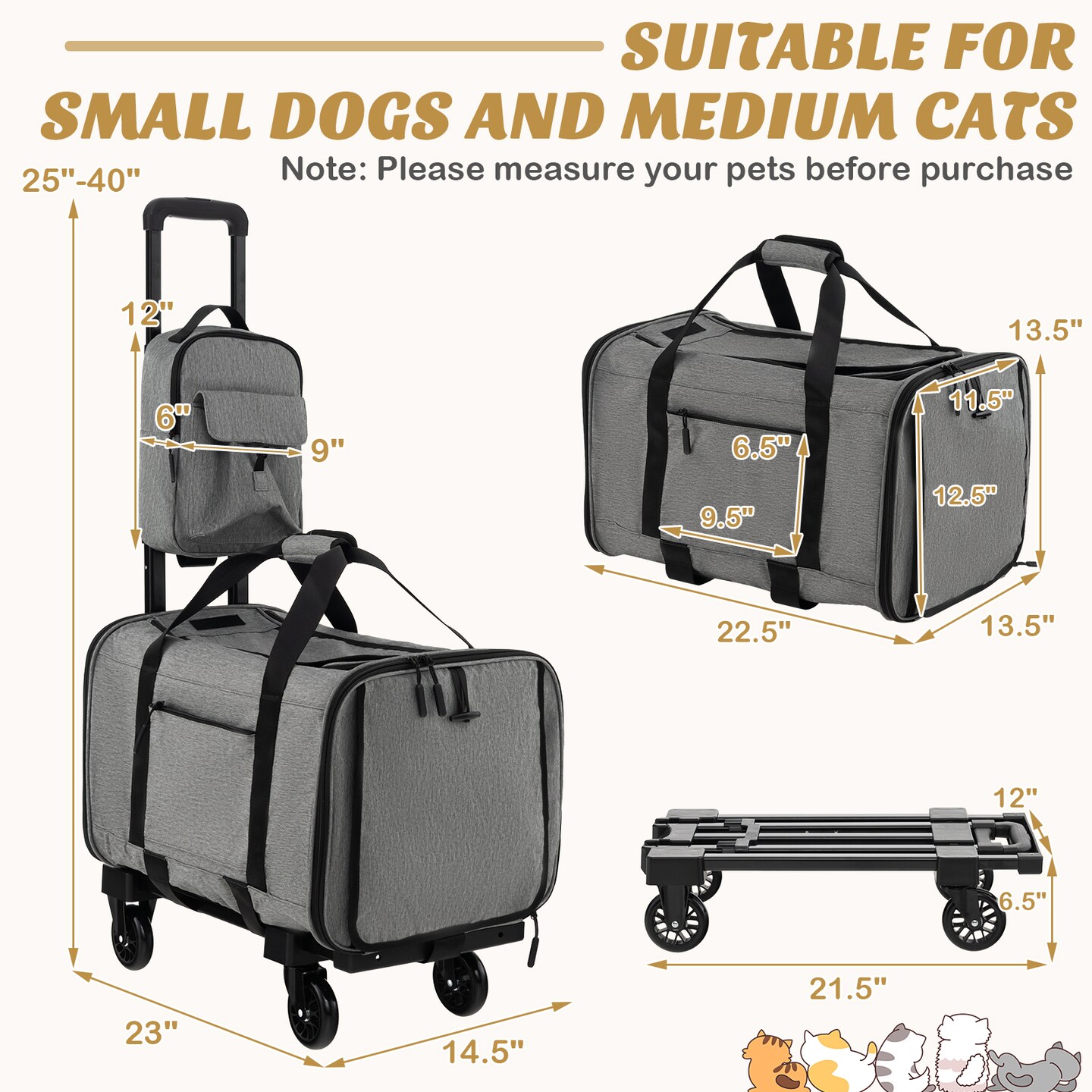 Rolling Cat Carrier with Dual-use Pads and Litter Bag-Grey
