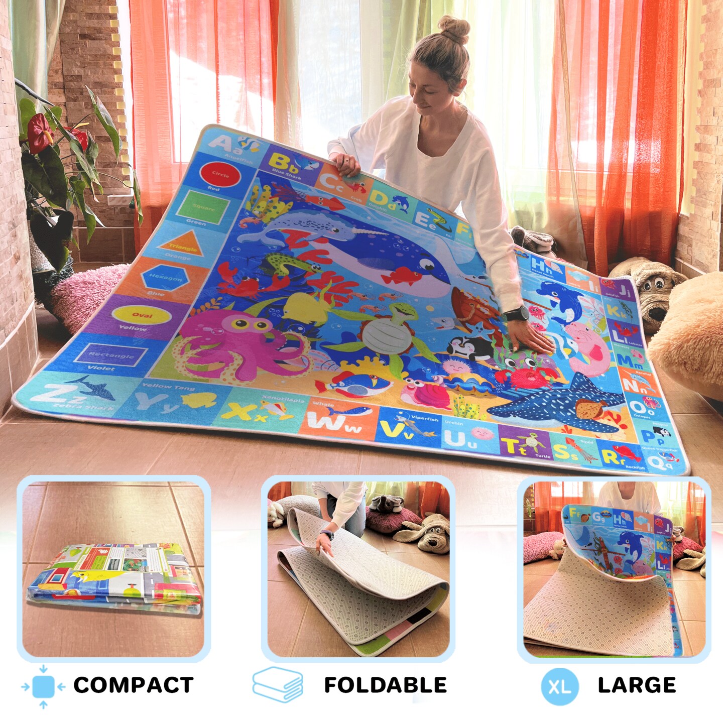 QUOKKA Large Baby Play Mat for Floor - Playmat for Toddlers and Infants ABC Ocean - Large Padded Non-Slip Nursery Rug for Babies Crawling and Playing - Foldable Care Mat for Playroom