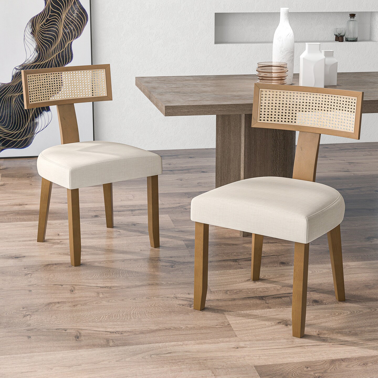 Set of 2 Linen Fabric Upholstered Accent Dining Chairs with Curved Rattan Backrests