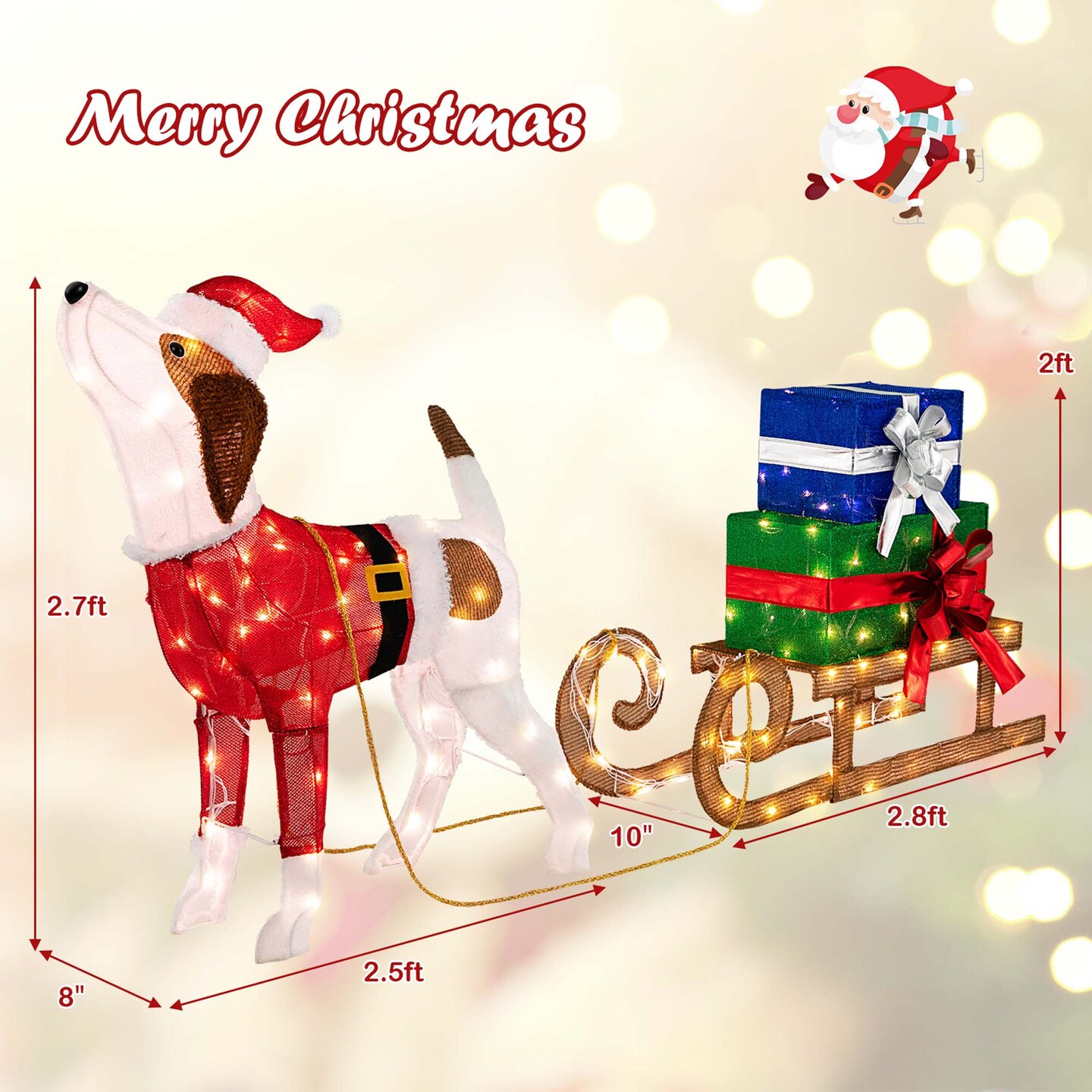 Costway Pre-Lit Christmas Dog Sleigh &#x26; Gift Boxes Combo Xmas Decoration with 170 Lights