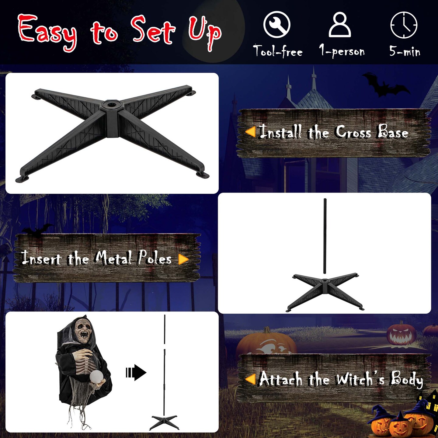 Costway 6ft Halloween Animatronics Standing Witch Talking Animated Wicked Witch with Light Up Eyes &#x26; Magical Ball Sound Activated