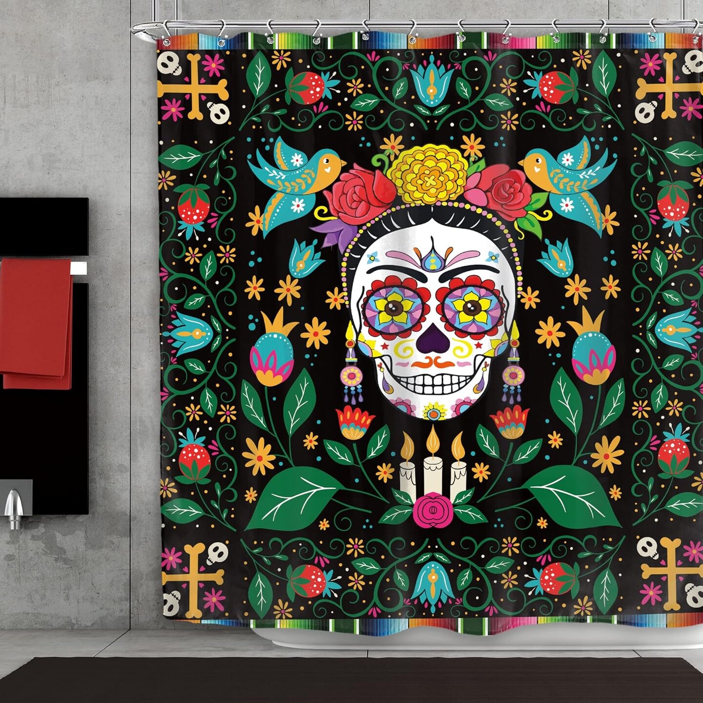 Sugar Skull Shower Curtain Mexican Floral Skeleton