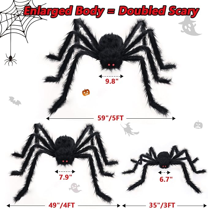 3PCS Giant Spiders Halloween Decorations for Indoor Outdoor Halloween Decor Fake Realistic Large Hairy Halloween Spiders for Outside Home Office Wall Yard Parties