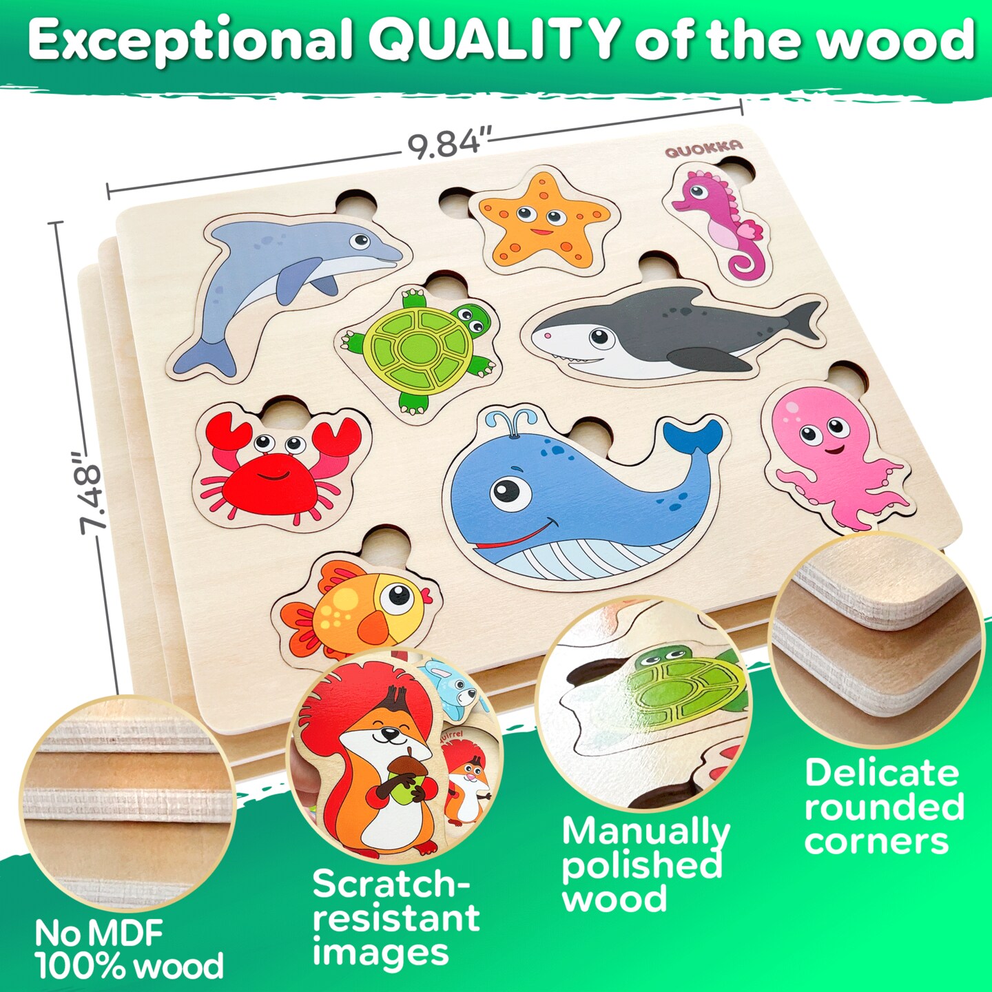 QUOKKA Wooden Puzzles for Toddlers Ages 1-3-5 &#x2013; Animal Peg Puzzles for Kids 2-4 Years Old &#x2013; Set of 3 Wood Learning Travel Toys for Children &#x2013; Gift Educational Game for Boys and Girls