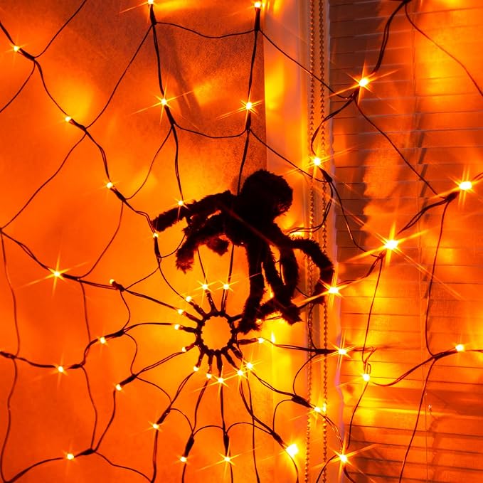 Halloween Spider Web Lights, 4FT Light up Spider Web Outdoor with 84LED and 8 Modes, Halloween Decorations Outside for Party Yard Bar Haunted House (Orange &#x26; Purple)