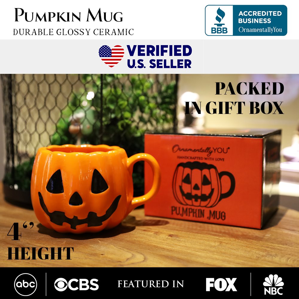 Classic Jack O&#x27; Lantern Ceramic 4&#x22; Pumpkin Mug, Halloween Drinkware and Spooky Fall Decor