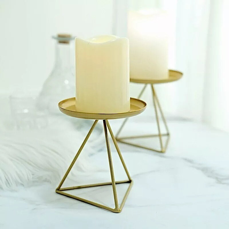 2 Geometric Gold 5&#x22; Metal Pillar Candle Holders Triangle Base Party Decorations