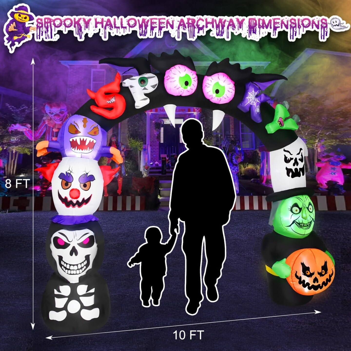 8 FT Spooky Halloween Inflatables Stack Witch Ghost Spider Reaper Monster Archway Inflatables Halloween Decorations Outdoor