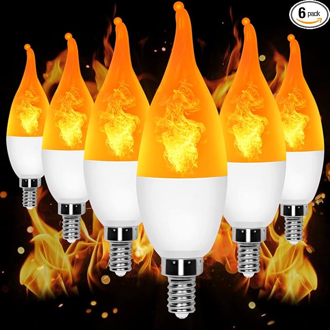 LED Flame Light Bulbs,3 Modes Fire Light Bulb E12 Base, Christmas Decorations Outdoor Indoor Home, Lights Bulbs (Yellow, 6Pack)