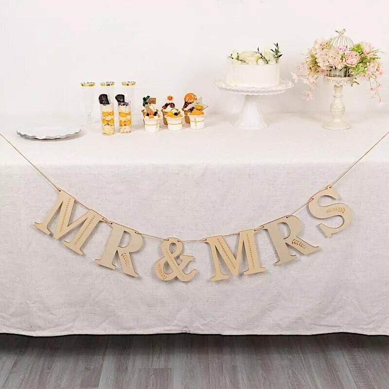 Natural Wooden Mr & Mrs Pre-Strung Letter Garland Wedding Banner Party Events