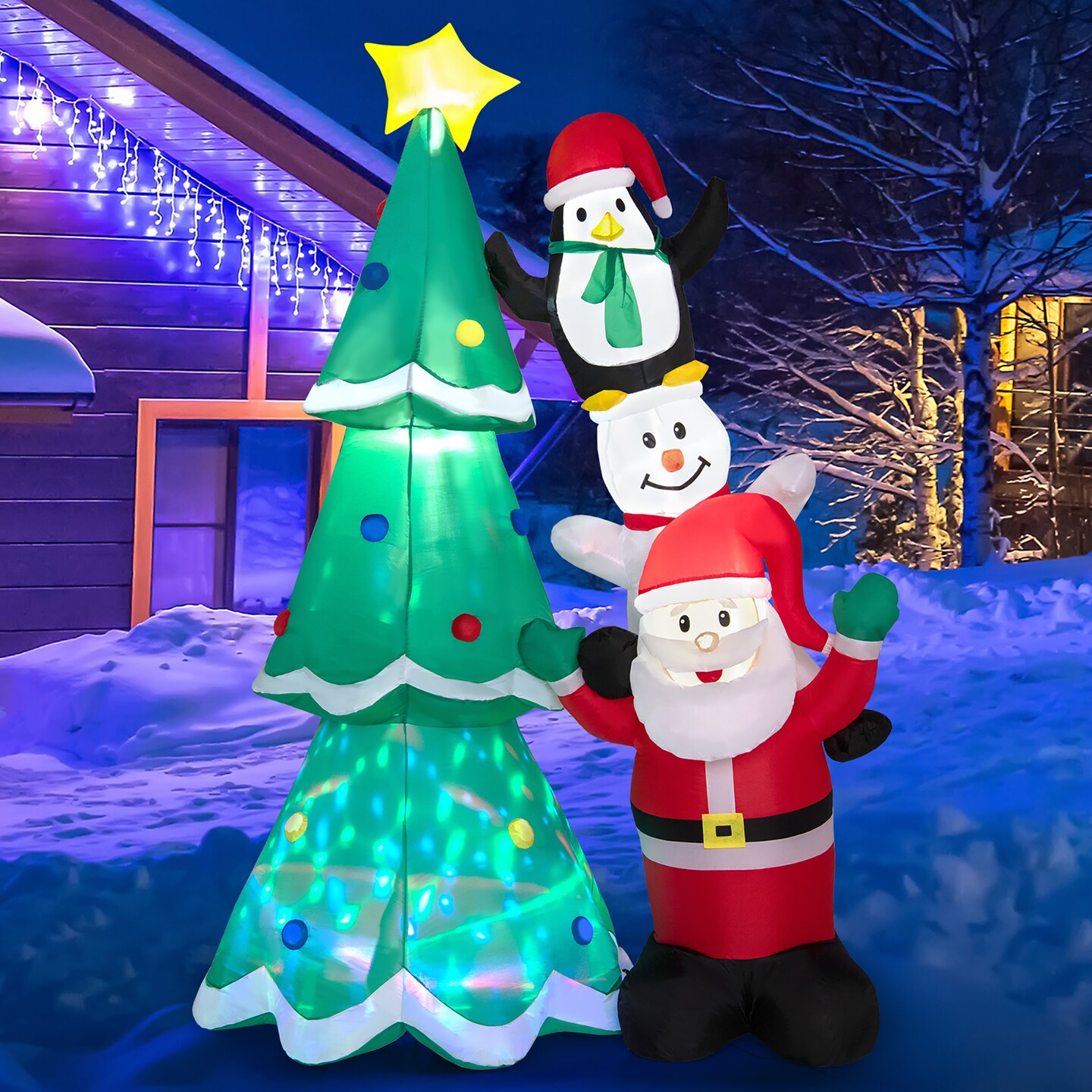 Costway 8.7FT Inflatable Christmas Tree with Santa Claus & Snowman & Penguin Blow-up Xmas Decoration w/Multicolor Disco Light