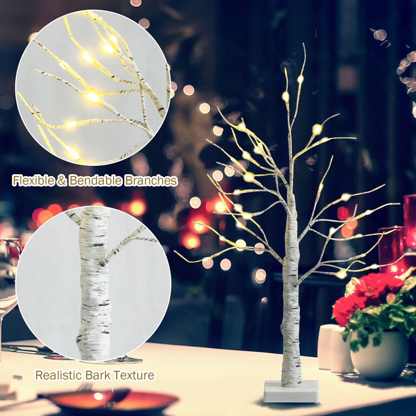 Pre-lit White Twig Birch Tree - Battery Powered Christmas Holiday Decor - 2 Ft