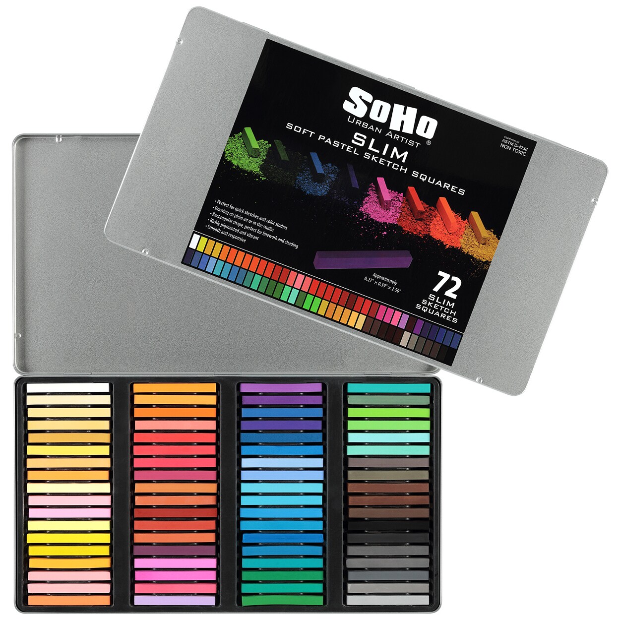 SoHo Urban Artist Slim Soft Pastel Sketch Squares - Richly Pigmented, Vibrant Color Soft Pastels for Artists Professional Pastel Artwork Studies and Sketching - Set of 72 Assorted Chalk Pastels