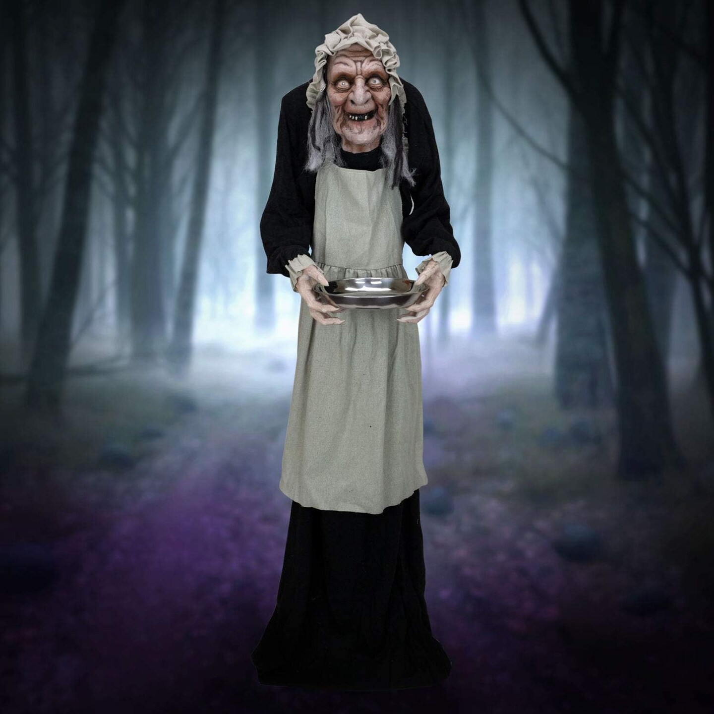 Halloween Animatronics Spooky Old Lady with Candy Dish. 5ft Animated Halloween Decoration. Old Lady Scary Halloween Decoration Outdoor Motion & Sound Activated