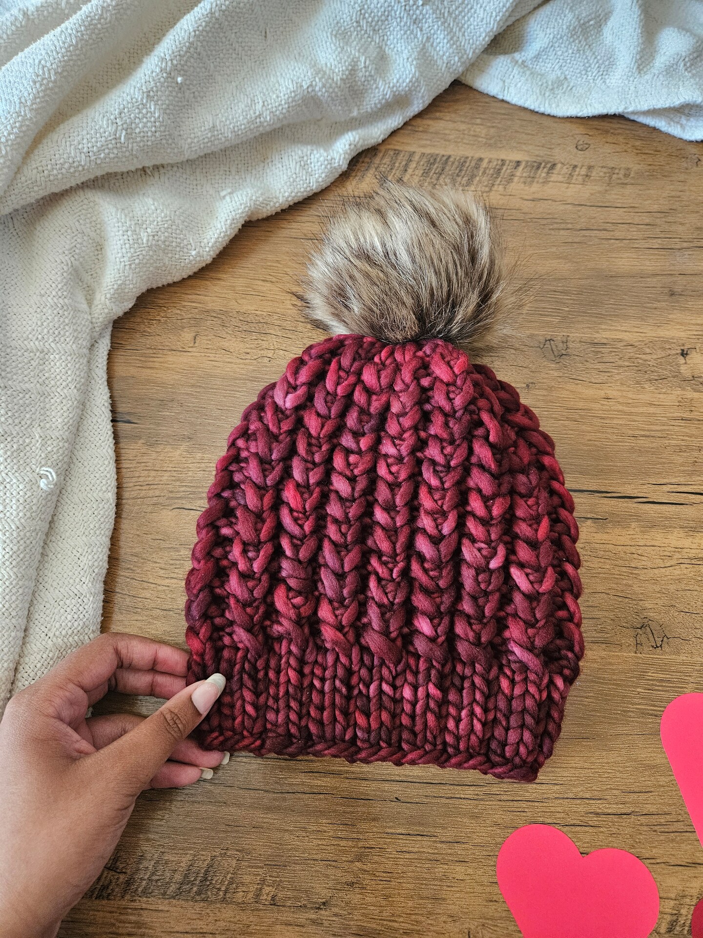 Forever Eden Handmade Merino Wool Toddler Beanie good Hat With Faux Fur Pom